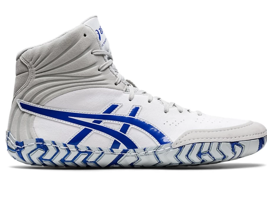 ASICS Men's Aggressor 5 Wrestling Shoes in White/Lapis Lazuli Blue - Lightweight & High-Traction