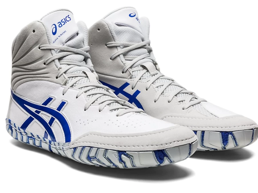 ASICS Men's Aggressor 5 Wrestling Shoes in White/Lapis Lazuli Blue - Lightweight & High-Traction