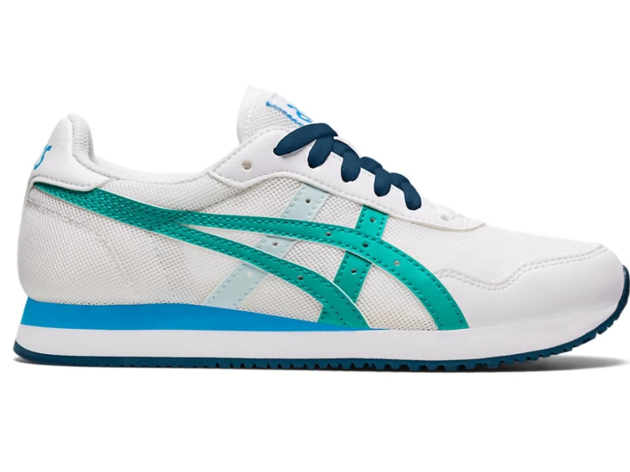 ASICS Kids' TIGER RUNNER Sneakers in White/Baltic Jewel - Grade School Running Shoes