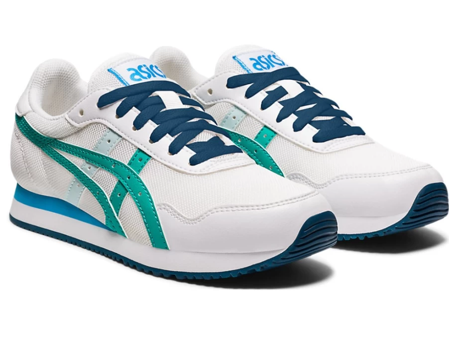ASICS Kids' TIGER RUNNER Sneakers in White/Baltic Jewel - Grade School Running Shoes