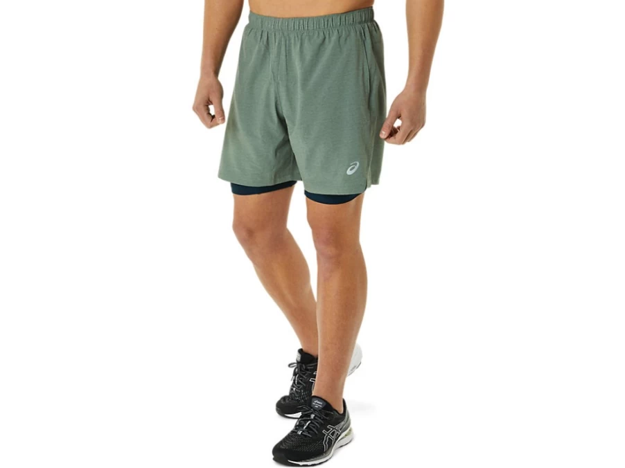 ASICS Men's 7-Inch 2-in-1 Shorts - Lichen Green Heather/French Blue Running Athletic Shorts