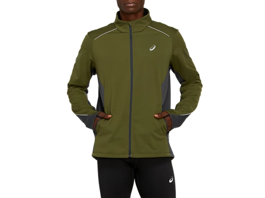 ASICS Men's Lite-Show Winter Jacket - Smog Green & Graphite Grey - Lightweight Reflective Running Coat