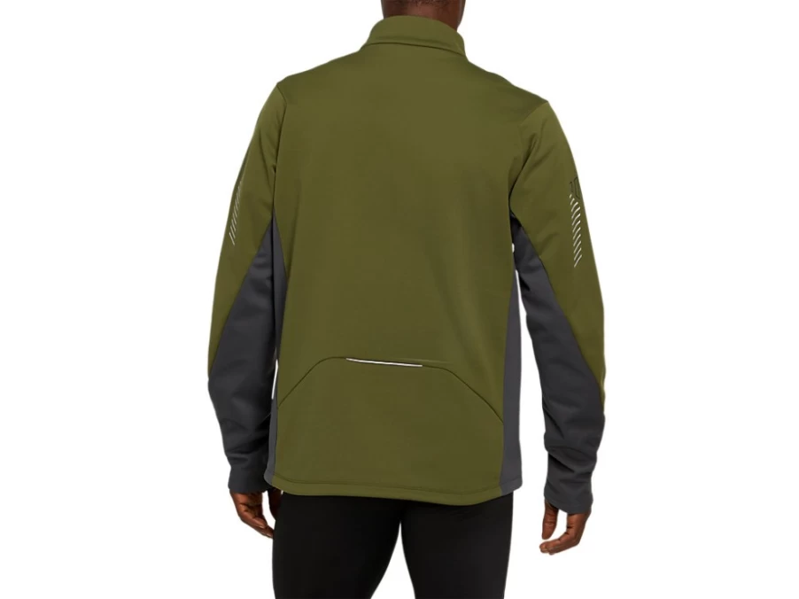 ASICS Men's Lite-Show Winter Jacket - Smog Green & Graphite Grey - Lightweight Reflective Running Coat