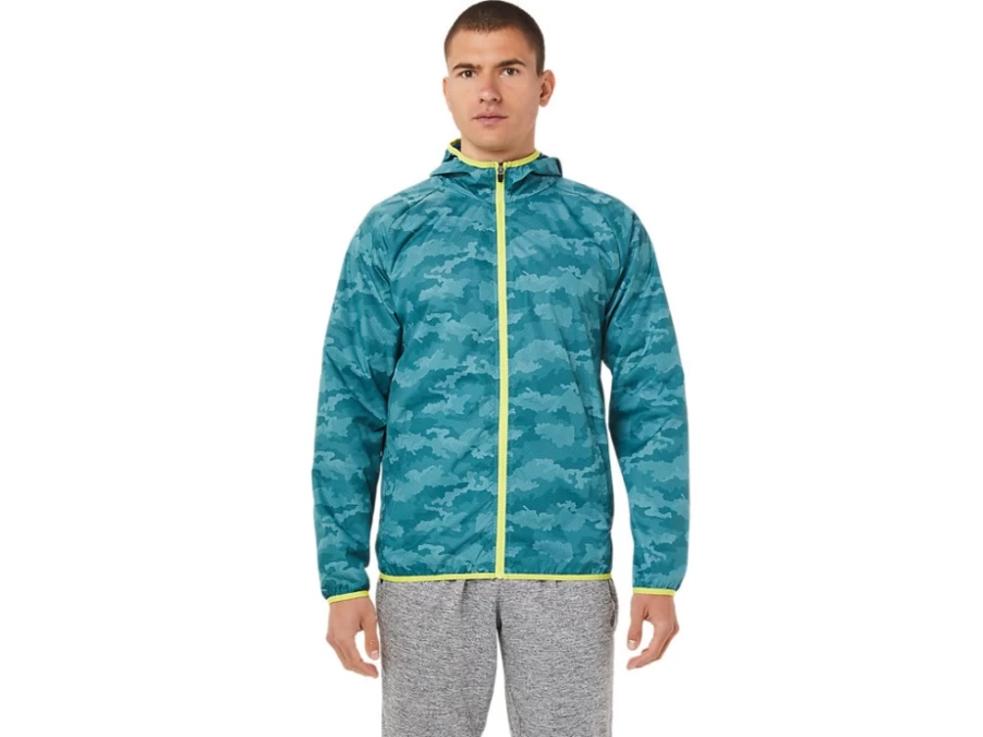 ASICS Men's Misty Pine Print Sour Yuzu Packable Jacket – Lightweight Travel Windbreaker