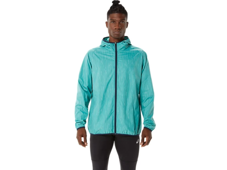 ASICS Men's Packable Jacket - Sage Print & French Blue Lightweight Travel Windbreaker