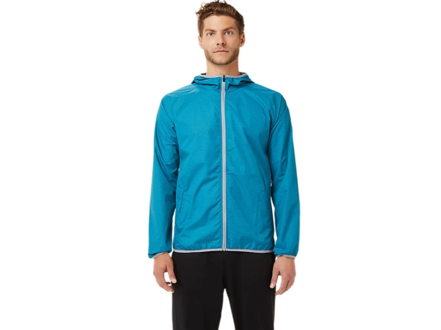ASICS Men's Teal Blue Heather Packable Jacket - Lightweight Travel Windbreaker