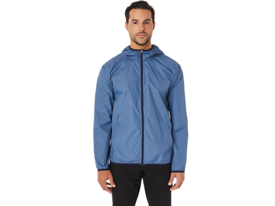 ASICS Men's Storm Blue Heather Packable Jacket - Lightweight Travel Windbreaker