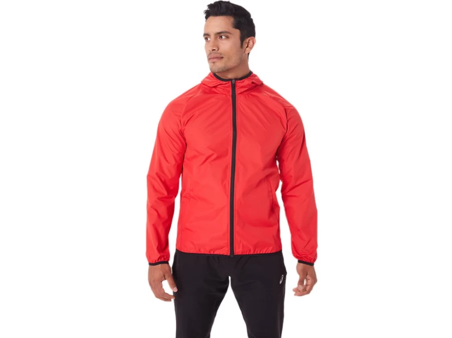 ASICS Men's Electric Red/Black Packable Jacket - Lightweight Travel Windbreaker