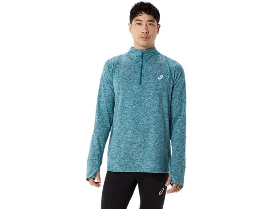ASICS Men's ThermoPolis Quarter Zip Sweatshirt in Velvet Pine Heather - Lightweight Thermal Pullover