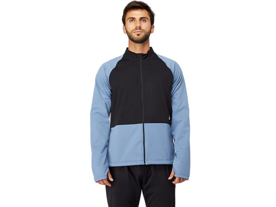ASICS Men's ThermoStorm Full Zip Jacket - Storm Blue/Performance Black - Lightweight Water-Resistant Running Jacket