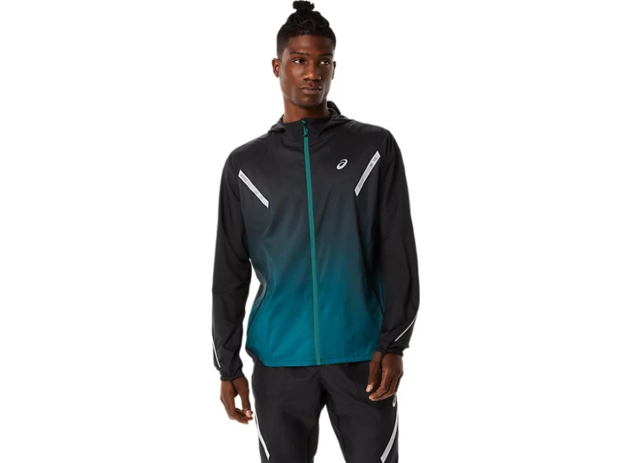 ASICS Men's Lite-Show Running Jacket - Performance Black/Velvet Pine - Reflective Lightweight Windbreaker