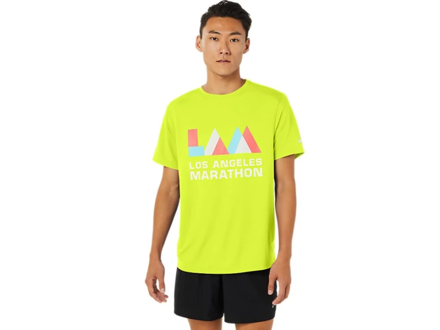 ASICS Men's Safety Yellow LA Marathon Short Sleeve Running Shirt