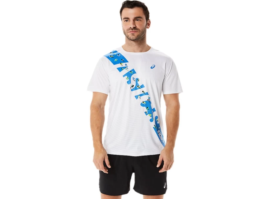 ASICS Men's Ekiden Short Sleeve Running Top - Brilliant White/Blue Coast - Breathable Performance Shirt