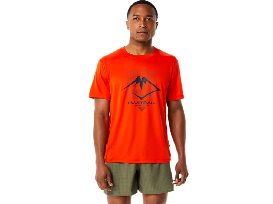 ASICS Men's FujiTrail Logo Short Sleeve Top - Cherry Tomato Red Running Shirt