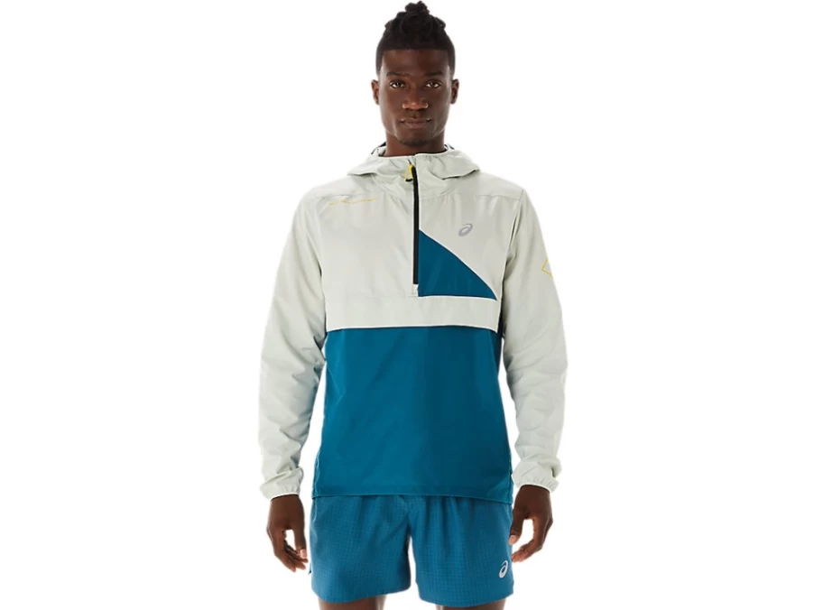 ASICS Men's FujiTrail Anorak Jacket - Ink Teal/Light Sage - Lightweight Hiking Windbreaker