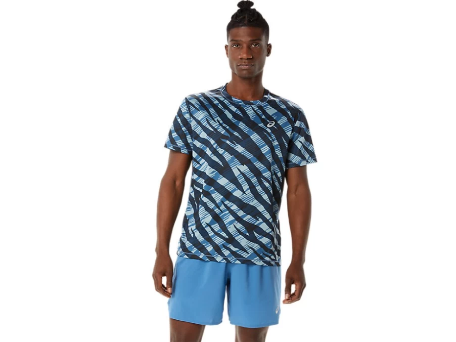 ASICS Men's Wild Camo Short Sleeve Top in Azure/Performance Black