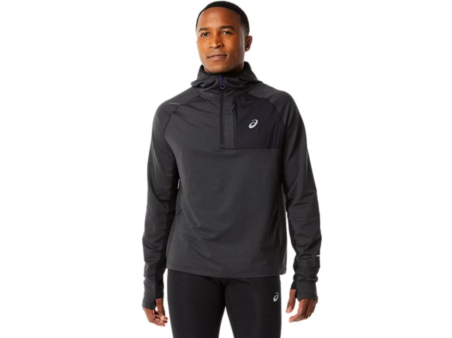 ASICS Men's Performance Black Heather Winter Running Hoodie - Long Sleeve Thermal Workout Top