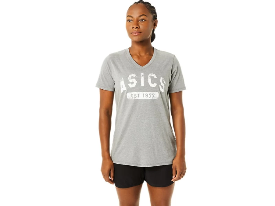 ASICS Women's Medium Grey Heather V-Neck Short Sleeve T-Shirt - EST. 1977 Casual Tee