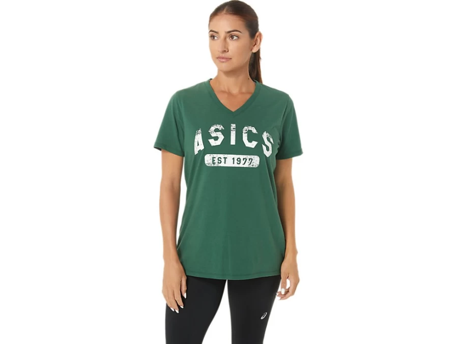ASICS Women's Hunter Green Heather Vintage 1977 V-Neck Short Sleeve T-Shirt