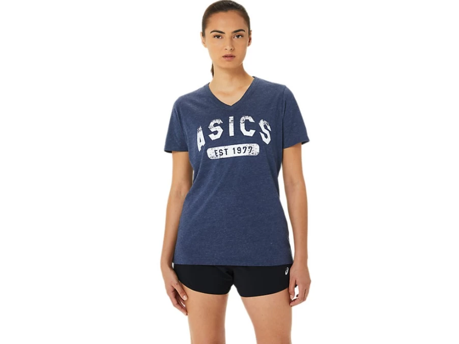 ASICS Women's Peacoat Heather Vintage 1977 V-Neck Short Sleeve T-Shirt