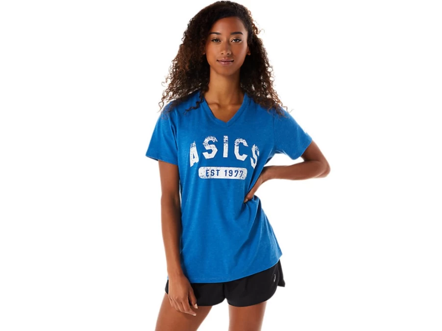 ASICS Women's Lake Drive V-Neck Short Sleeve Tee - EST. 1977 Vintage Inspired T-Shirt