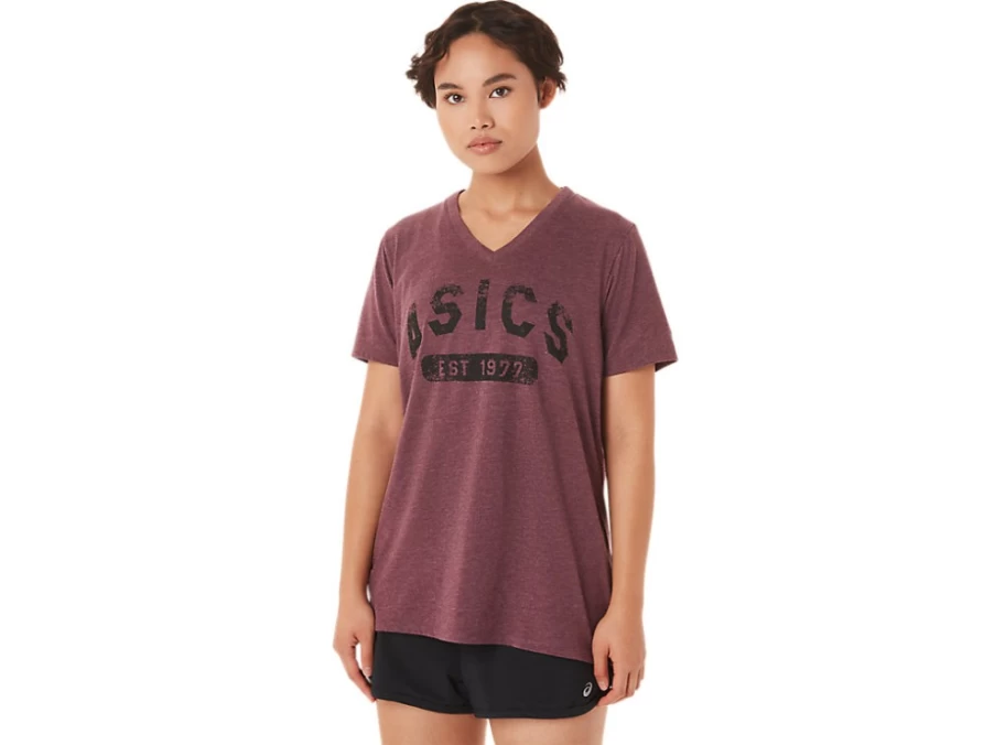 ASICS Women's Deep Mars Heather V-Neck Short Sleeve T-Shirt - EST. 1977 Retro Tee
