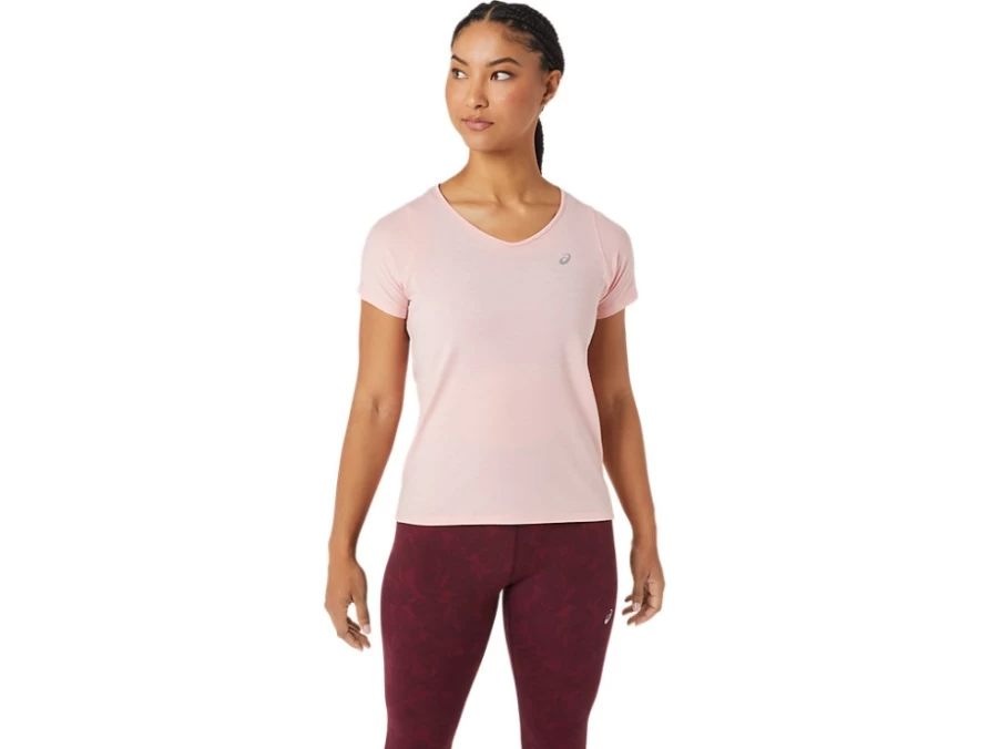 ASICS Women's V-Neck Short Sleeve T-Shirt in Frosted Rose - Breathable Casual Top