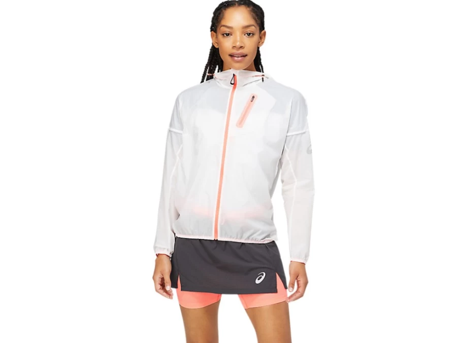 ASICS Women's FujiTrail Jacket - Brilliant White/Blazing Coral - Lightweight Running Windbreaker