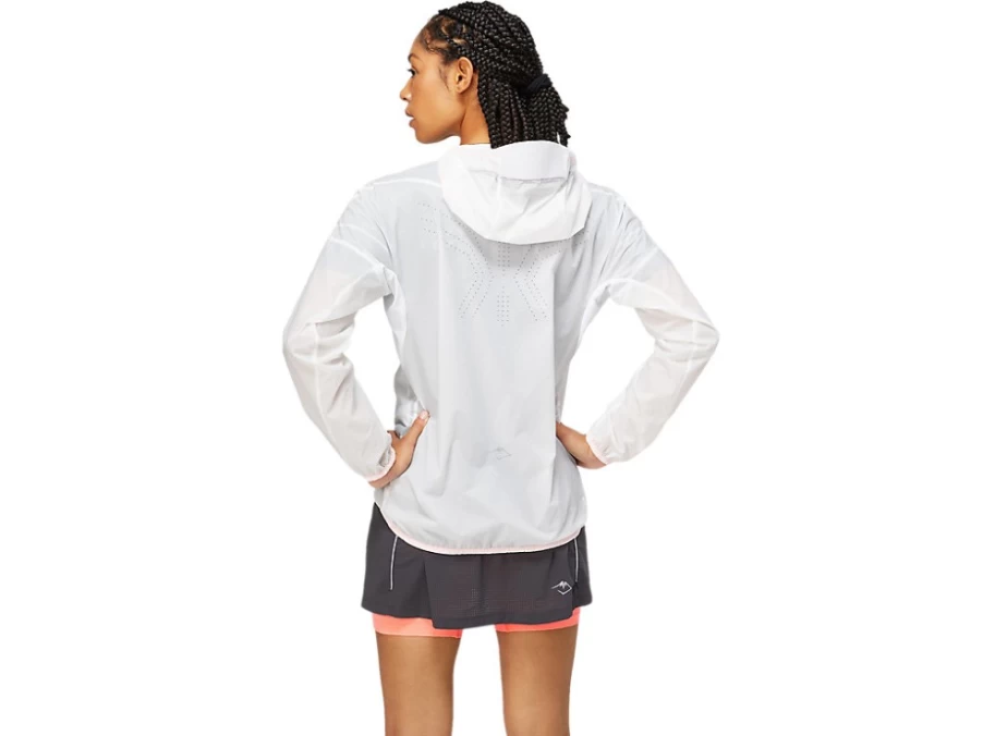 ASICS Women's FujiTrail Jacket - Brilliant White/Blazing Coral - Lightweight Running Windbreaker