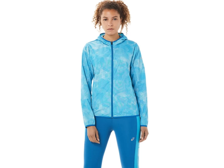 ASICS Women's Aqua Angel Print/Reborn Blue Packable Jacket - Lightweight Water-Resistant Travel Windbreaker