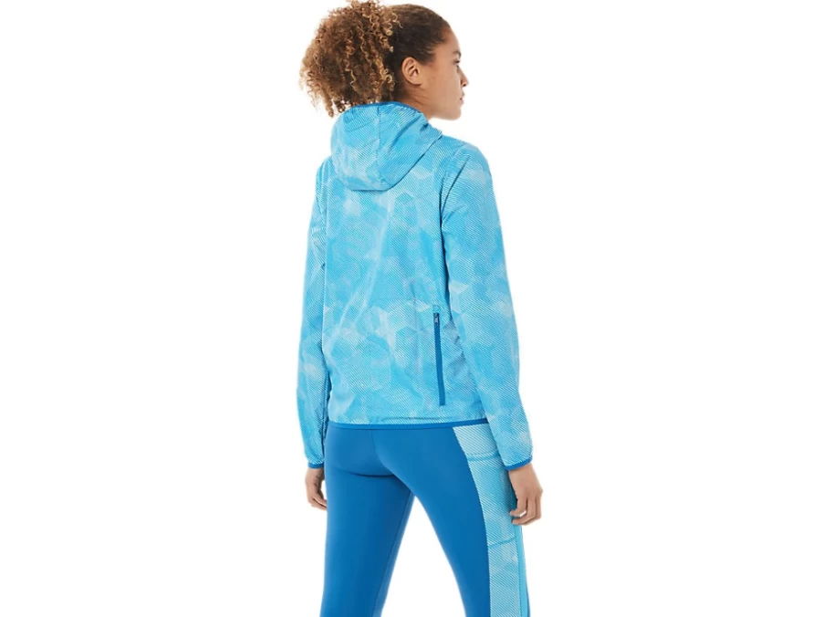 ASICS Women's Aqua Angel Print/Reborn Blue Packable Jacket - Lightweight Water-Resistant Travel Windbreaker