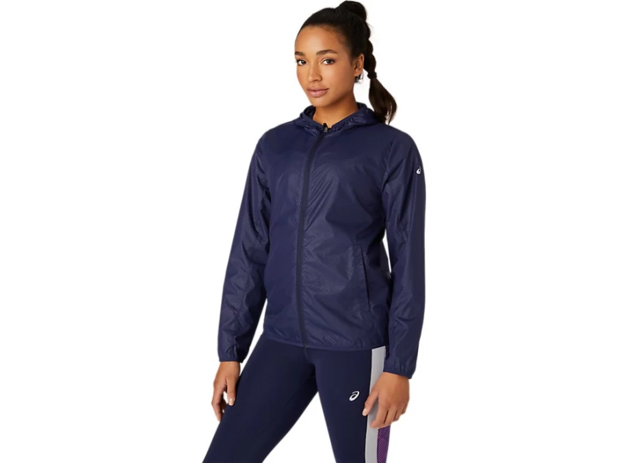 ASICS Women's Peacoat Emboss Packable Jacket - Lightweight Travel Windbreaker