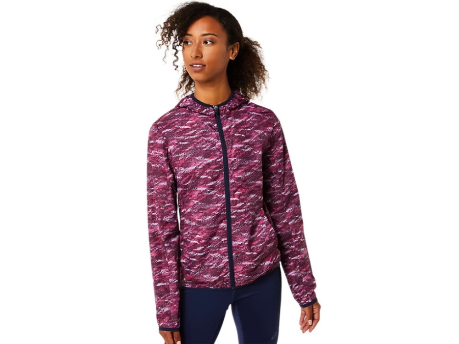 ASICS Women's Packable Jacket - Lightweight Travel Windbreaker in Deep Mars Print/Peacoat