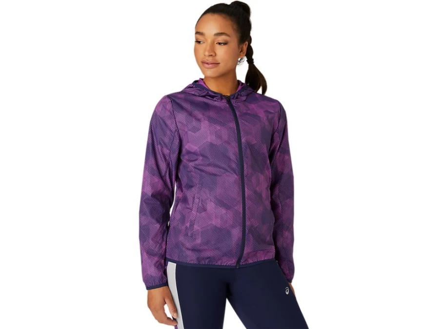 ASICS Women's Digital Grape Print Packable Jacket in Peacoat – Lightweight Travel Windbreaker