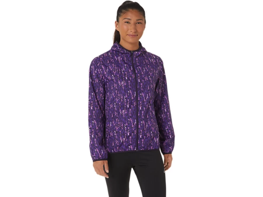 ASICS Women's Orchid Brushstroke Packable Jacket - Lightweight Nightshade Water-Resistant Travel Windbreaker