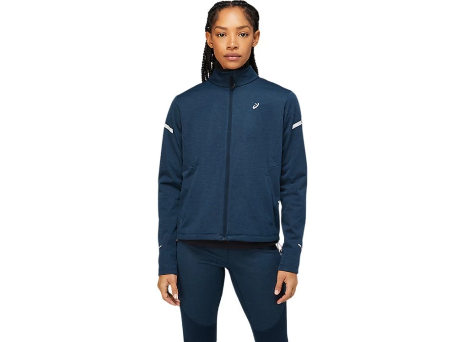 ASICS Women's Lite-Show Winter Jacket in French Blue Heather - Lightweight Reflective Running Coat