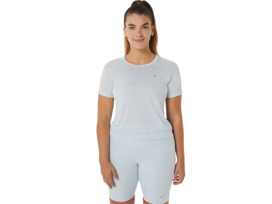 ASICS Women's Sky/Cream Race Running Crop Top – Lightweight Athletic Workout Shirt
