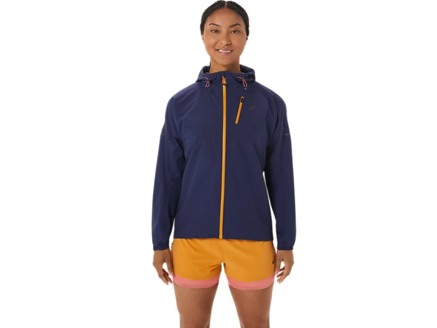 ASICS Women's FujiTrail Waterproof Jacket - Indigo Blue/Sandstorm - Lightweight Hiking Raincoat for Outdoor Adventures