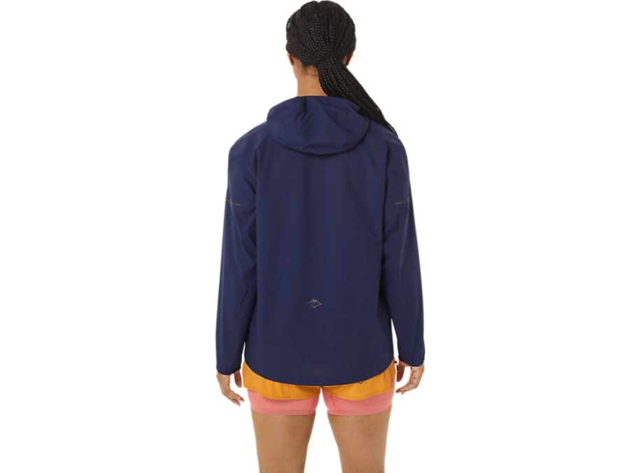 ASICS Women's FujiTrail Waterproof Jacket - Indigo Blue/Sandstorm - Lightweight Hiking Raincoat for Outdoor Adventures