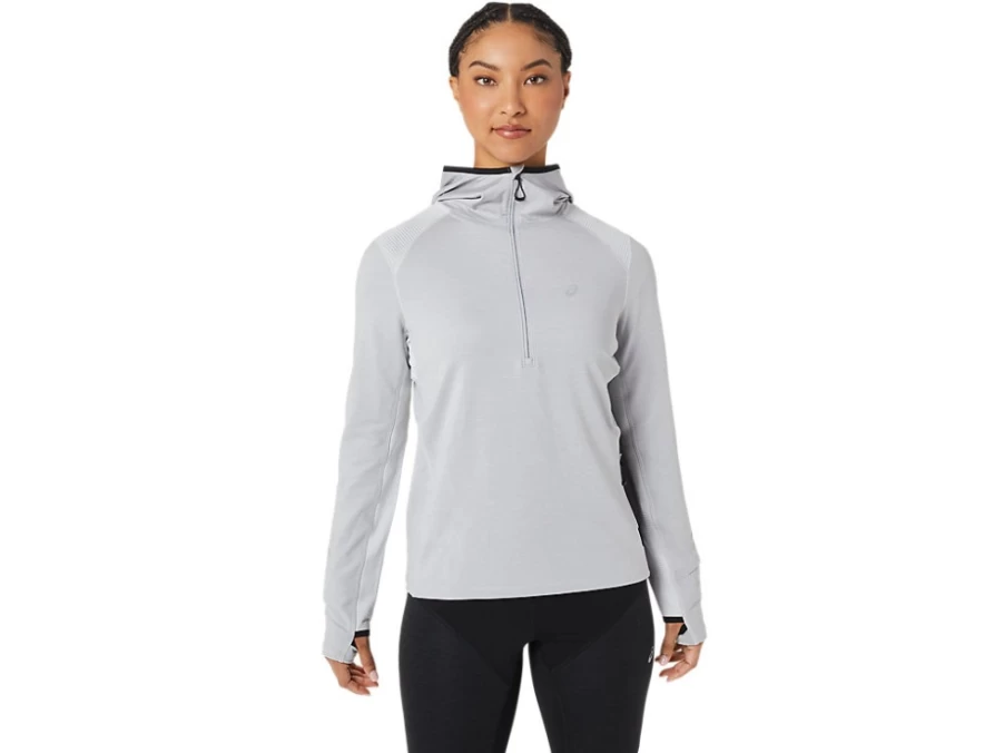 ASICS Women's Winter Run Long Sleeve Hoodie - Glacier Grey Heather/Performance Black - Thermal Running Pullover