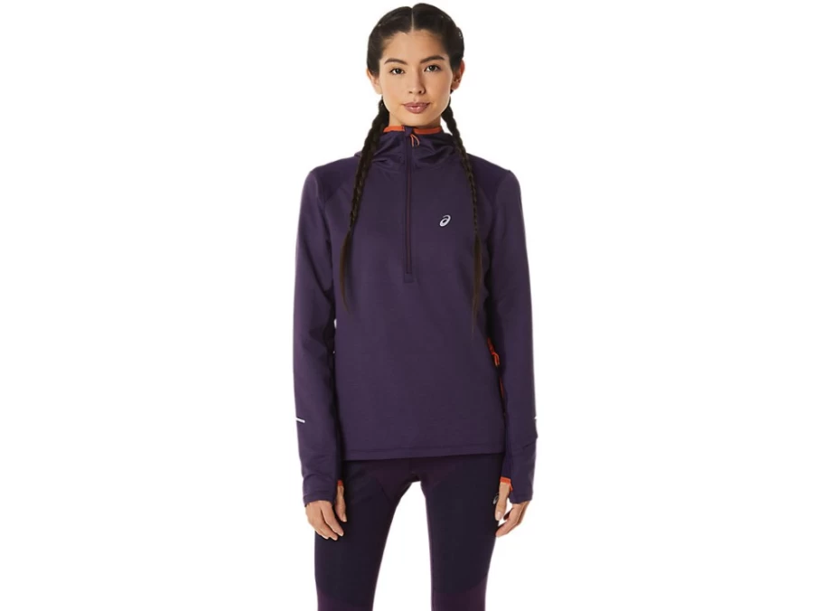 ASICS Women's Night Shade Heather/Nova Orange Winter Running Hoodie - Long Sleeve Thermal Workout Pullover