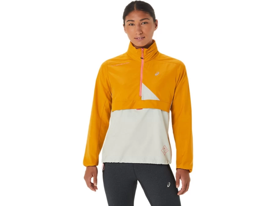 ASICS Women's FujiTrail Anorak Jacket - Sandstorm/Light Sage Waterproof Running Shell