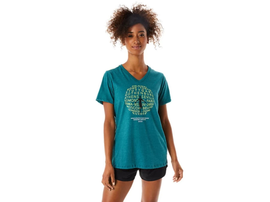 ASICS Women's Velvet Pine Heather Graphic V-Neck T-Shirt - WCH Style