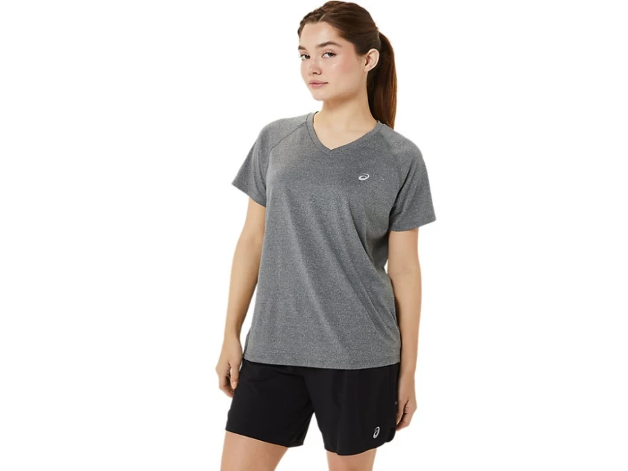 ASICS Women's Ready-Set Lyte V-Neck T-Shirt - Dark Grey Heather - Lightweight Running Top