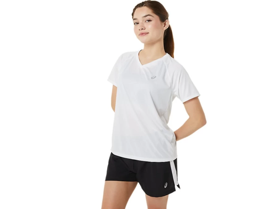 ASICS Women's Ready-Set Lyte V-Neck T-Shirt - Brilliant White - Lightweight Running Top