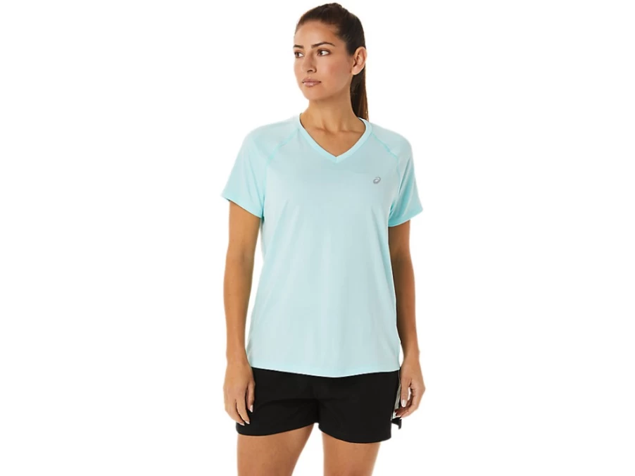 ASICS Women's Ready-Set Lyte V-Neck T-Shirt - Clear Blue Heather - Lightweight Running Top
