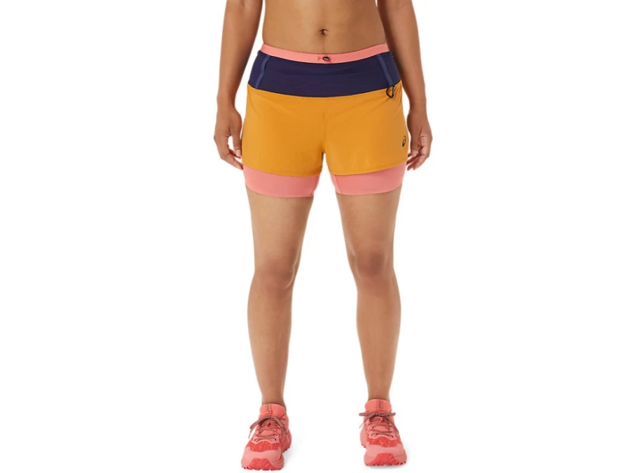 ASICS Women's FujiTrail 2-in-1 Running Shorts - Sandstorm/Papaya Color