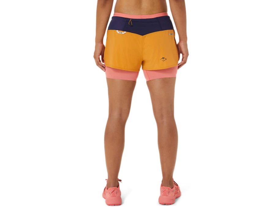 ASICS Women's FujiTrail 2-in-1 Running Shorts - Sandstorm/Papaya Color