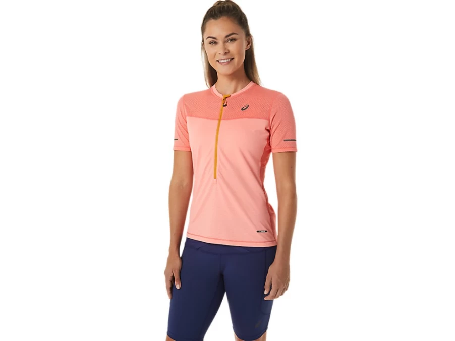 ASICS Women's FujiTrail Short Sleeve Running Top - Papaya/Guava Color for Trail & Outdoor Activities