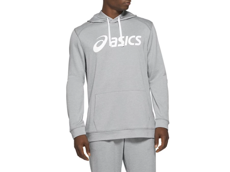 ASICS Men's French Terry Hoodie - Sheet Rock Heather & Brilliant White Pullover Sweatshirt
